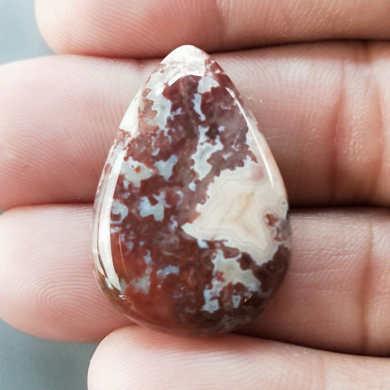 Agata Pennacchio Naturale Forma Goccia Piatto Cabochon Liscio Fatto a Mano 30X21X5mm 5,76gm 1pz