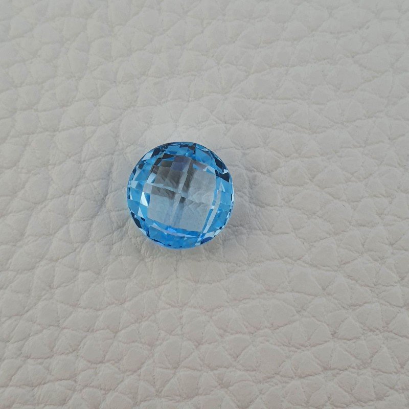 Briolette di Topazio Azzurro Blu Svizzero, Taglio Tondo Piatto, Sfaccettata a Mano, 12 mm