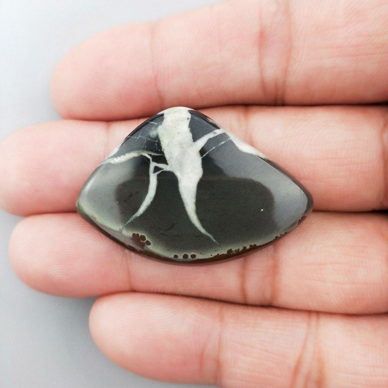 Settario Nero Naturale Forma Fantasia Piatto Cabochon Liscio Fatto a Mano 40X27X4mm 7,96GM