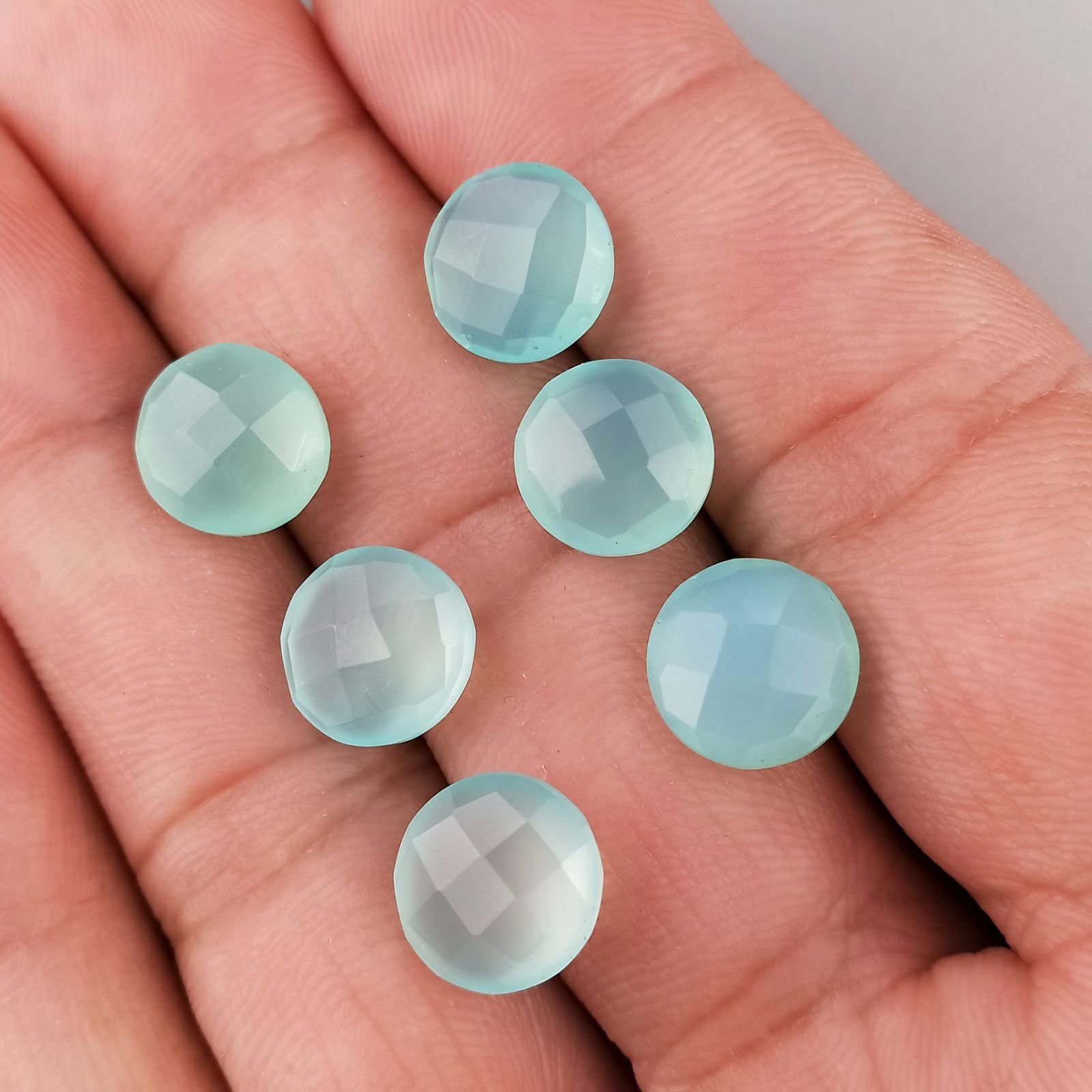 Calcedonia Aqua Verde Briolette Forma Tondo Piatto Sfaccettato Fatto a Mano 10mm 1pz