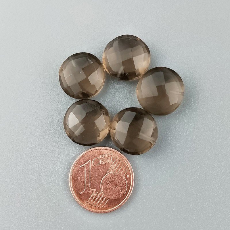 Briolette di Quarzo Fumé Idrotermale, Forma Tondo Piatto, Sfaccettata a Mano, Mezzo Forato, 12 mm