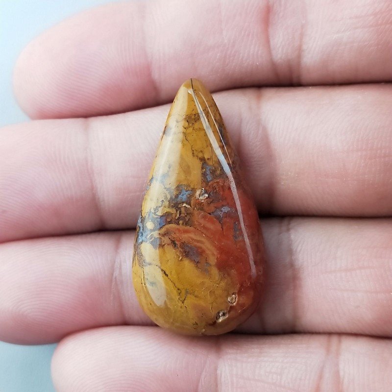 Diaspro Giallo Naturale Forma Goccia Piatto Cabochon Liscio Fatto a Mano 35X18X5mm 5,40gm 1pz