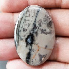 Cabochon di Diaspro Maligano Grigio Naturale Ovale, Piatto e Liscio, 38x26x5 mm, 9,15 g, Fatto a Mano