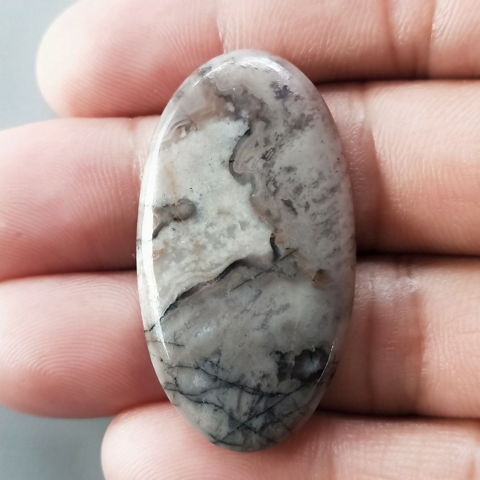 Diaspro Maligano Grigio Naturale Forma Ovale Piatto Cabochon Liscio Fatto a Mano 41X23X4mm 7,25gm 1pz