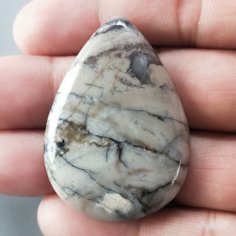 Diaspro Maligano Grigio Naturale Forma Goccia Piatto Cabochon Liscio Fatto a Mano 45X32X6mm 14,05gm 1pz