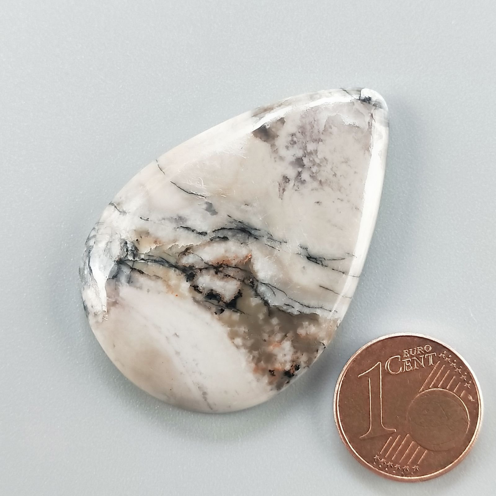Diaspro Maligano Grigio Naturale Forma Goccia Piatto Cabochon Liscio Fatto a Mano 43X30X5mm 11,50gm 1pz