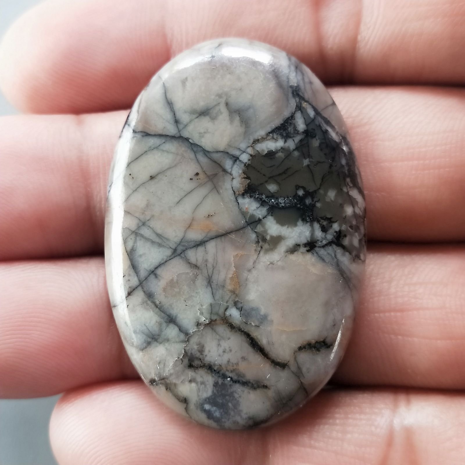 Diaspro Maligano Grigio Naturale Forma Ovale Piatto Cabochon Liscio Fatto a Mano 44X29X4mm 10,50gm 1pz