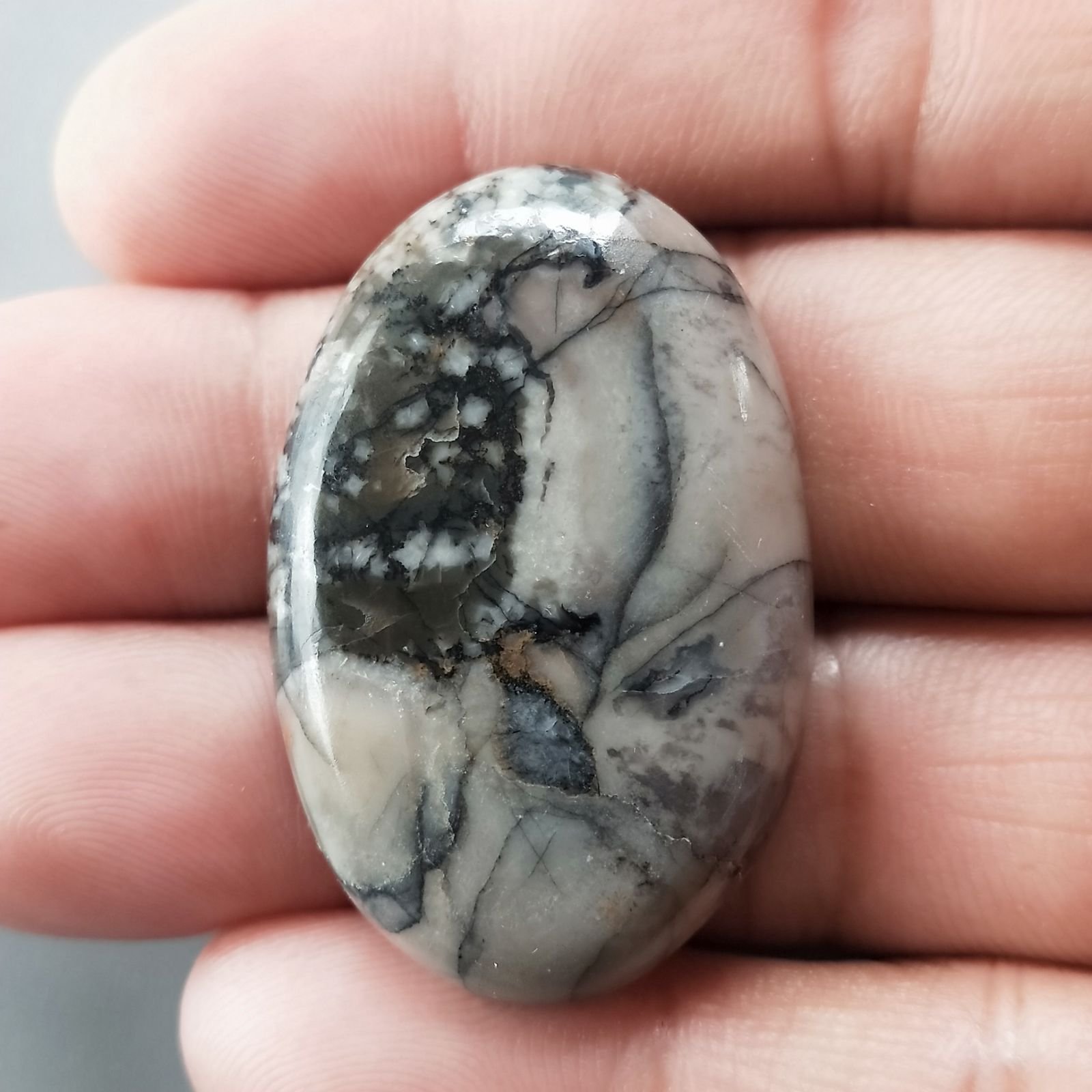 Diaspro Maligano Grigio Naturale Forma Ovale Piatto Cabochon Liscio Fatto a Mano 40X26X7mm 12,15gm 1pz