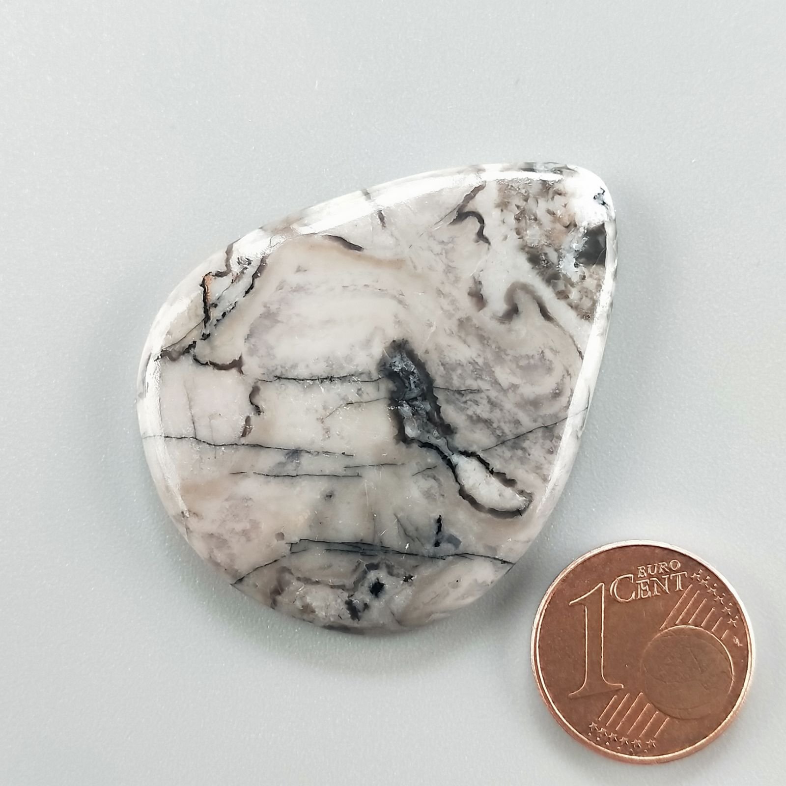 Diaspro Maligano Grigio Naturale Forma Goccia Piatto Cabochon Liscio Fatto a Mano 42X33X5mm 11,15gm 1pz