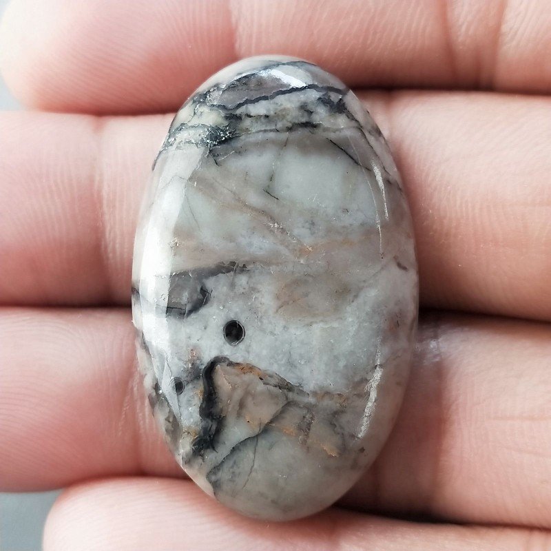 Diaspro Maligano Grigio Naturale Forma Ovale Piatto Cabochon Liscio Fatto a Mano 38X23X6mm 8,75gm 1pz
