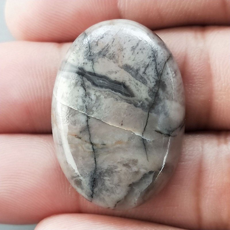 Diaspro Maligano Grigio Naturale Forma Ovale Piatto Cabochon Liscio Fatto a Mano 32X23X5mm 6,50gm 1pz