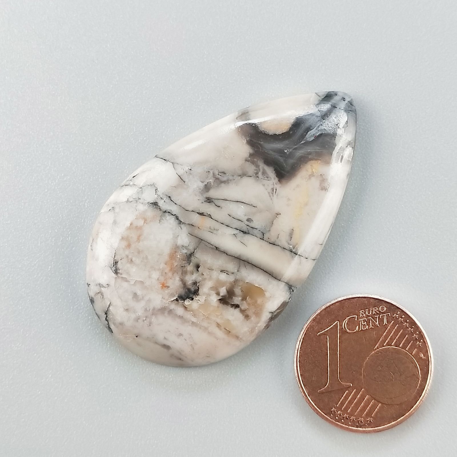 Diaspro Maligano Grigio Naturale Forma Goccia Piatto Cabochon Liscio Fatto a Mano 41X25X5mm 8,44gm 1pz