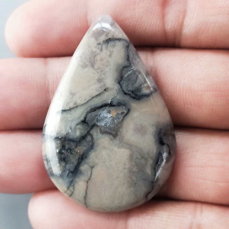 Diaspro Maligano Grigio Naturale Forma Goccia Piatto Cabochon Liscio Fatto a Mano 45X30X5mm 10,25gm 1pz