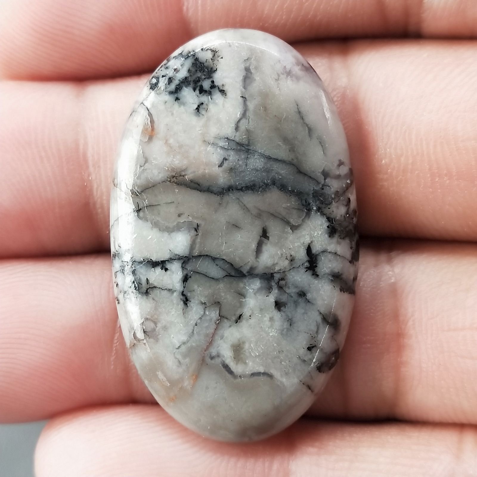 Diaspro Maligano Grigio Naturale Forma Ovale Piatto Cabochon Liscio Fatto a Mano 37X22X4mm 6,60gm 1pz