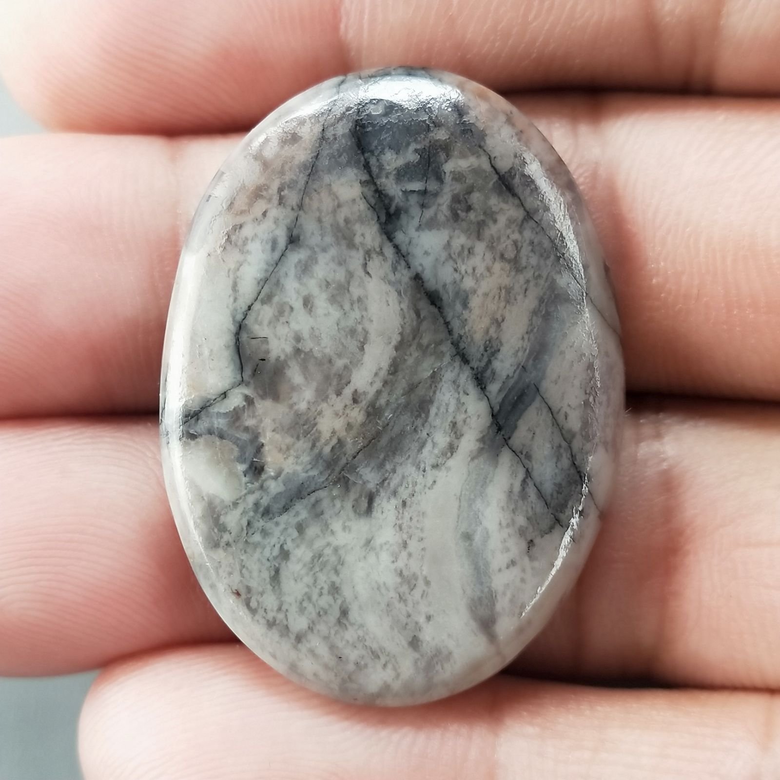 Diaspro Maligano Grigio Naturale Forma Ovale Piatto Cabochon Liscio Fatto a Mano 36X26X4mm 7,20gm 1pz