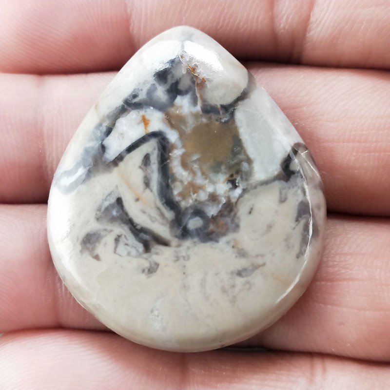Diaspro Maligano Grigio Naturale Forma Goccia Piatto Cabochon Liscio Fatto a Mano 38X32X5mm 10,85gm 1pz