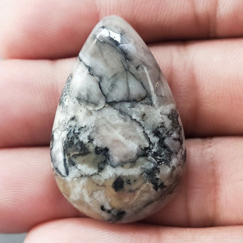 Diaspro Maligano Grigio Naturale Forma Goccia Piatto Cabochon Liscio Fatto a Mano 37X24X6mm 8,60gm 1pz