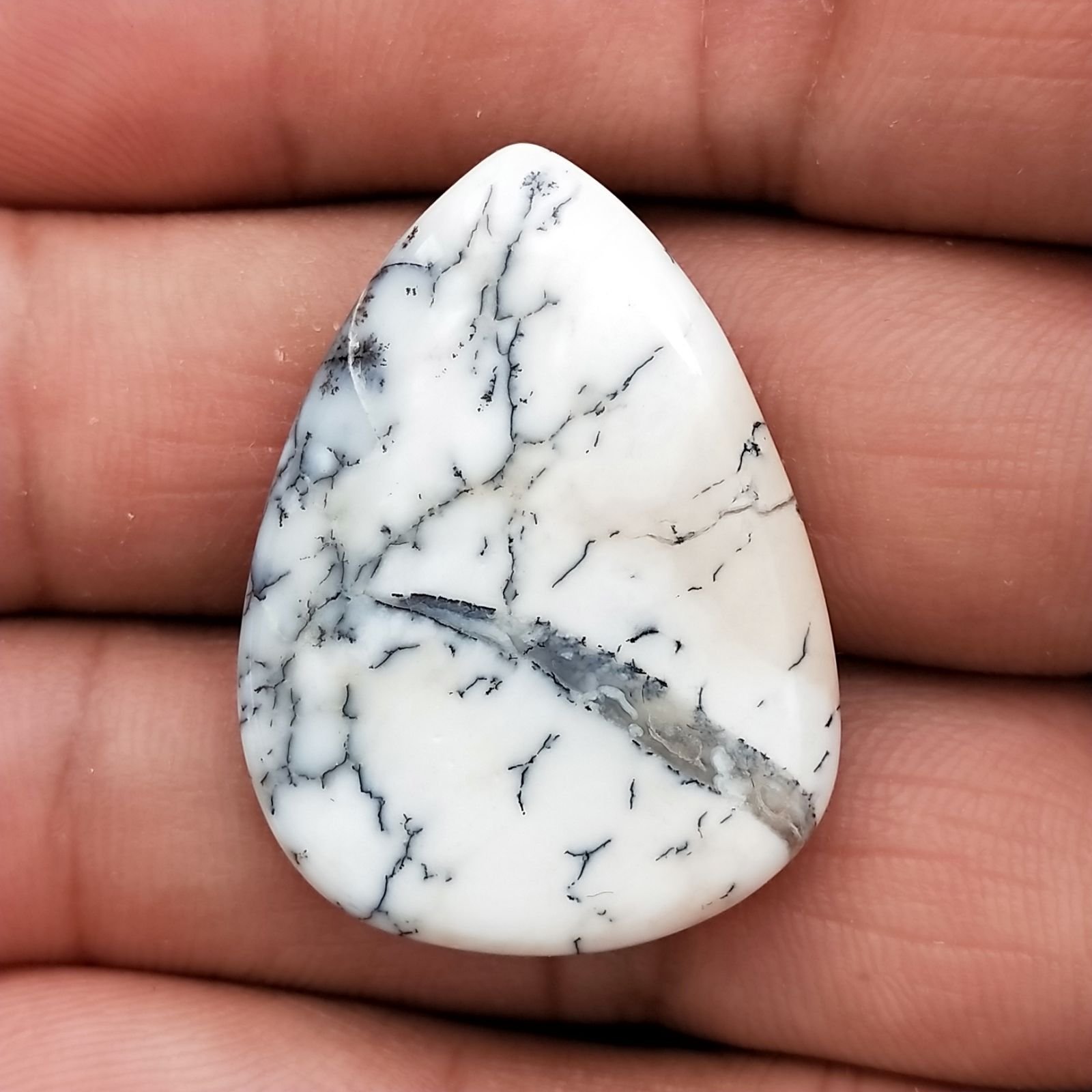 Opale Dendritico Naturale Forma Goccia Piatto Cabochon Liscio Fatto a Mano 32X24X5mm 5,22gm 1pz