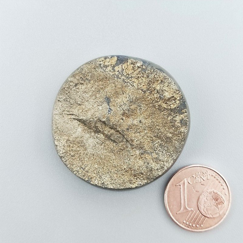 Cabochon di Pirite Grezzo Naturale Tondo, Piatto con Lati Lisci, 33x7 mm, 23,70 g, Fatto a Mano