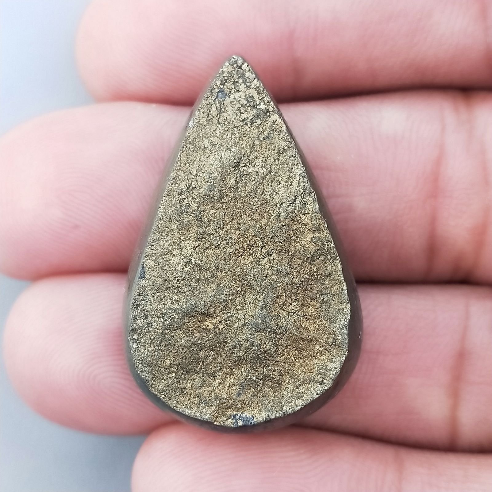 Pirite Grezzo Naturale Forma Goccia Piatto Cabochon Grezzo Lati Lisci Fatto a Mano 35X22X8mm 15,80gm 1pz