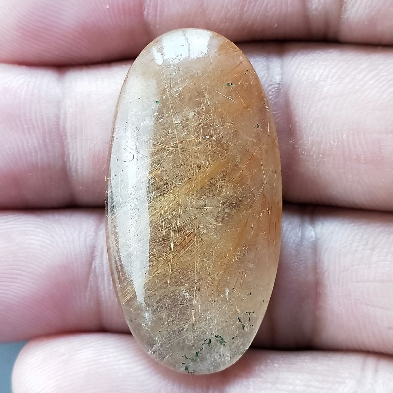 Quarzo Rutilato Dorato Naturale Forma Ovale Piatto Cabochon Liscio Fatto a Mano 37X19X6mm 7,40gm 1pz