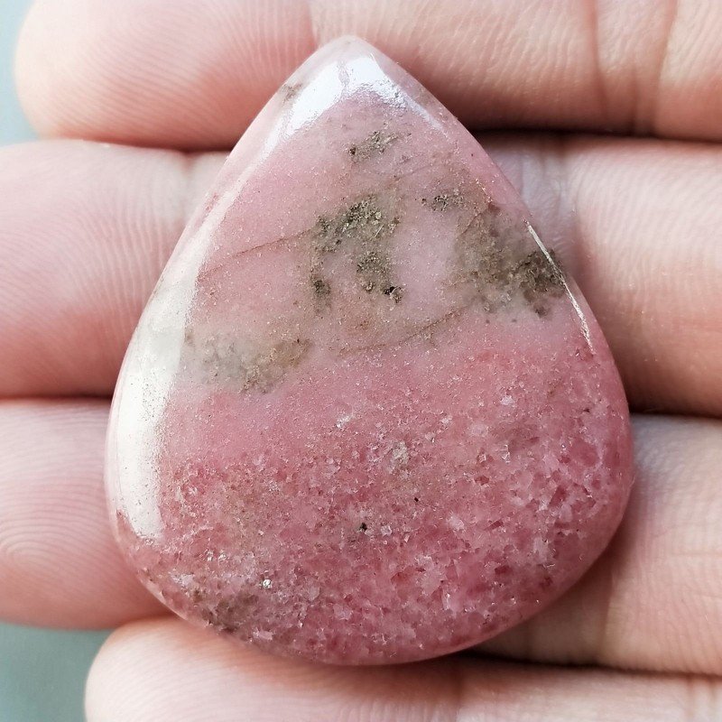 Rodonite Naturale Forma Goccia Piatto Cabochon Liscio Fatto a Mano 39X33X6mm 15,10gm 1pz