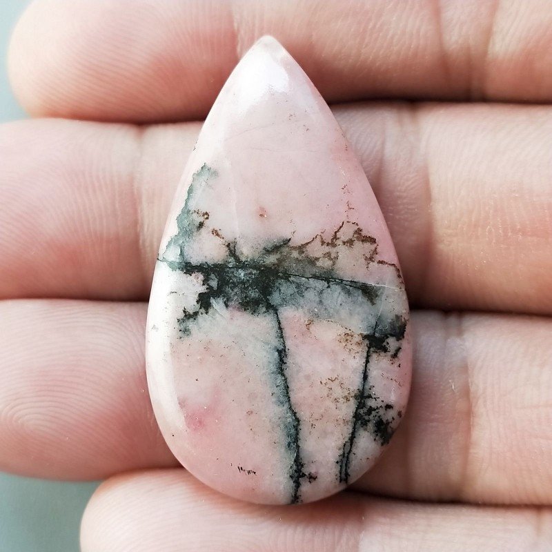 Rodonite Naturale Forma Goccia Piatto Cabochon Liscio Fatto a Mano 40X22X5mm 7,54gm 1pz
