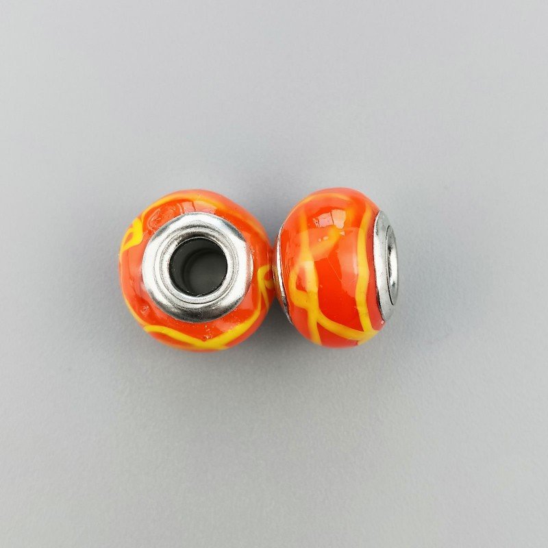 Perlina foro largo tratti casuali gialli su arancione scuro 13.5x8.5mm 1pz