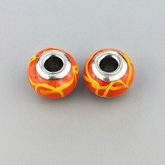 Perlina foro largo tratti casuali gialli su arancione scuro 13.5x8.5mm 1pz