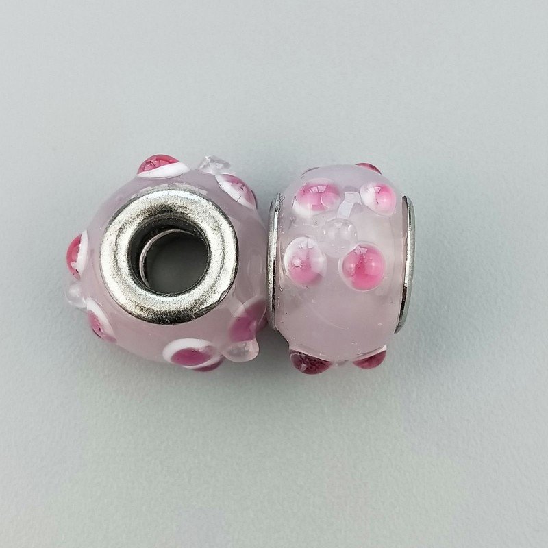 Perlina foro largo puntini rosa e bianchi su rosa baby 13.5x8.5mm 1pz