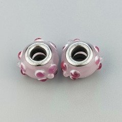 Perlina foro largo puntini rosa e bianchi su rosa baby 13.5x8.5mm 1pz