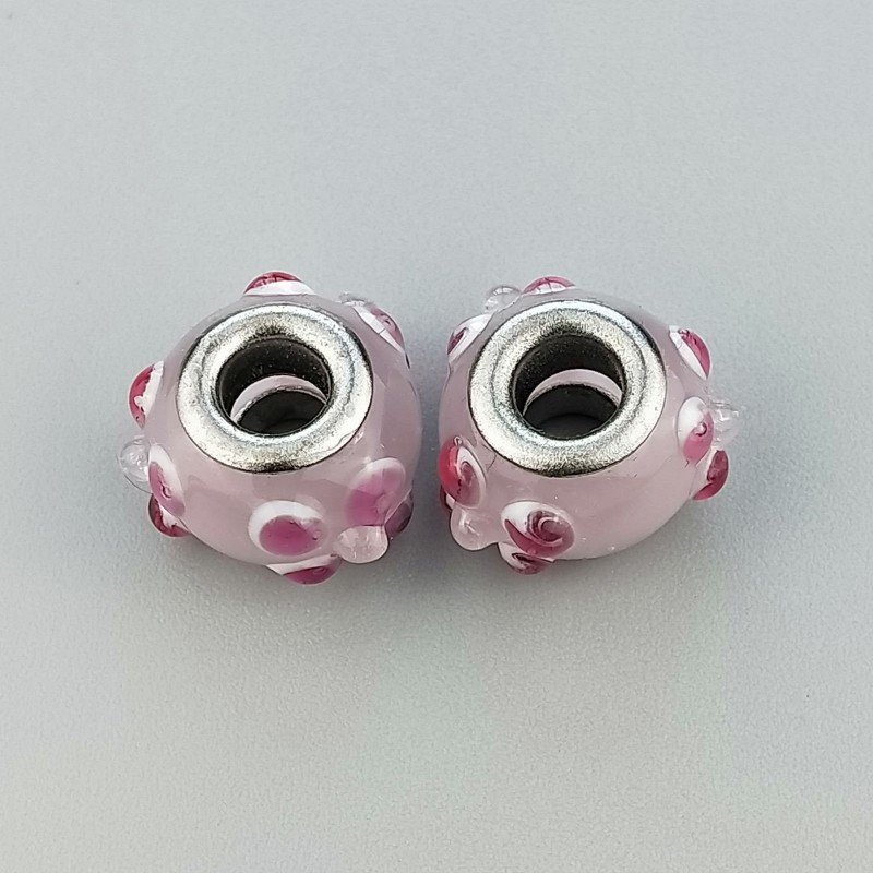 Perlina foro largo puntini rosa e bianchi su rosa baby 13.5x8.5mm 1pz