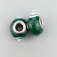 Perlina foro largo due puntini blu su verde scuro 13.5x8.5mm 1pz