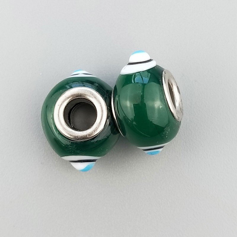 Perlina foro largo due puntini blu su verde scuro 13.5x8.5mm 1pz