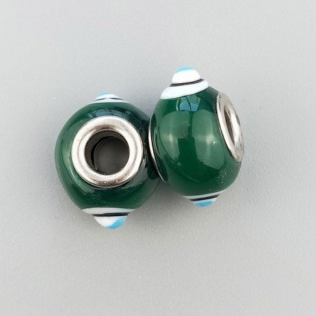 Perlina foro largo due puntini blu su verde scuro 13.5x8.5mm 1pz