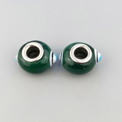 Perlina foro largo due puntini blu su verde scuro 13.5x8.5mm 1pz