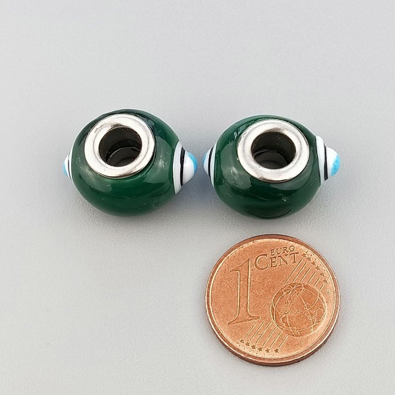 Perlina foro largo due puntini blu su verde scuro 13.5x8.5mm 1pz
