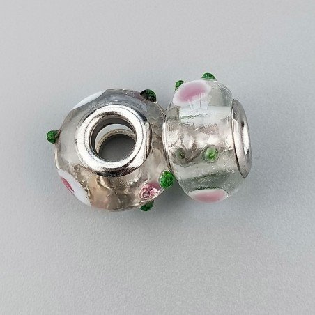 Perlina foro largo puntini viola verdi su trasparente 13.5x8.5mm 1pz