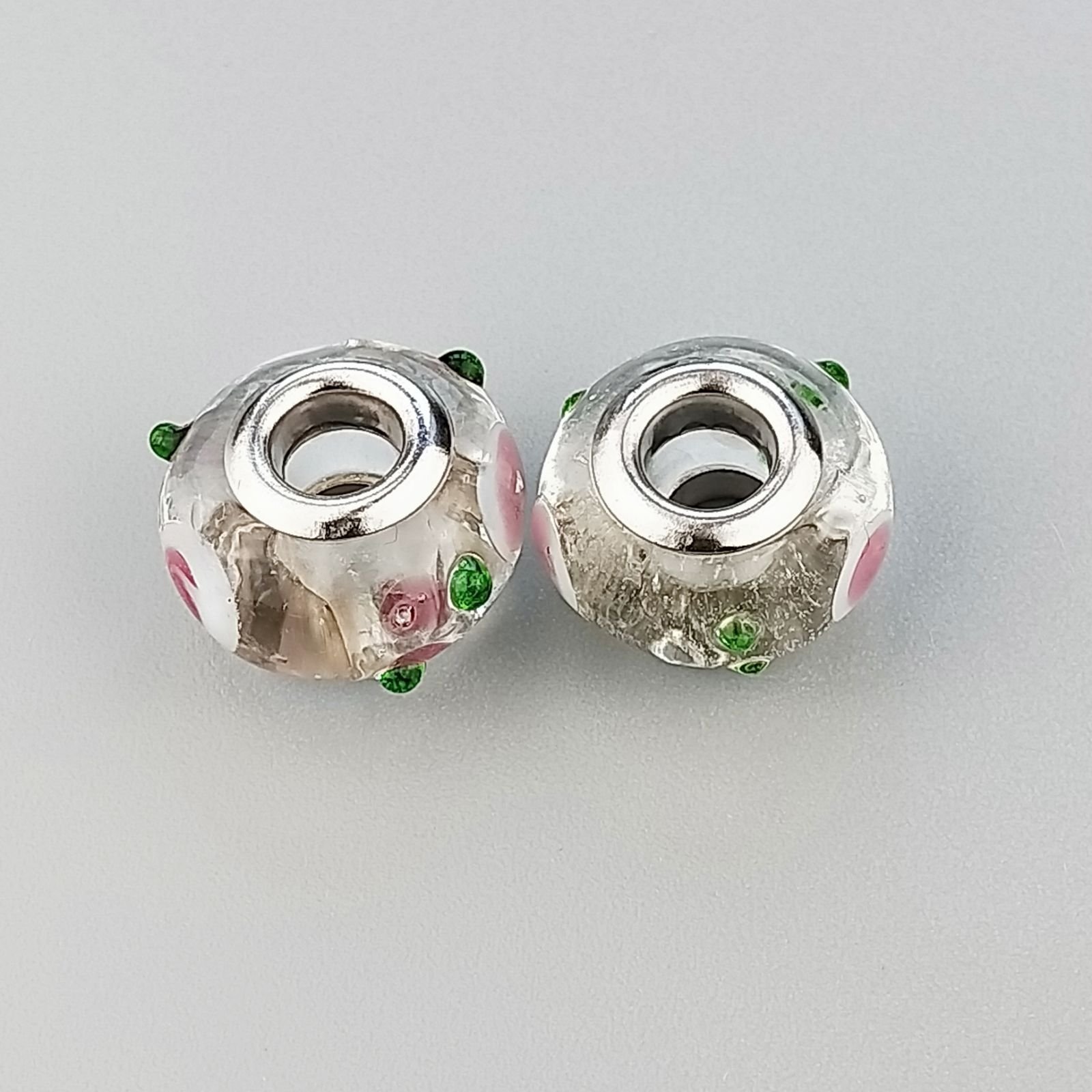 Perlina foro largo puntini viola verdi su trasparente 13.5x8.5mm 1pz