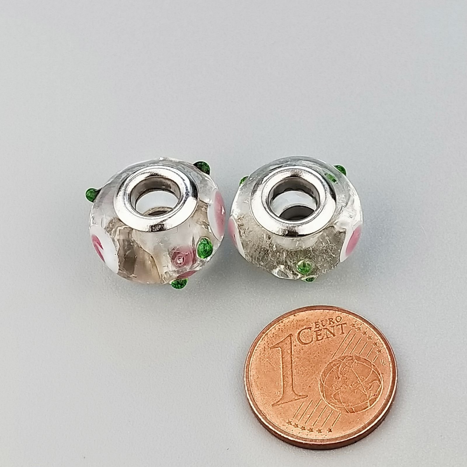 Perlina foro largo puntini viola verdi su trasparente 13.5x8.5mm 1pz
