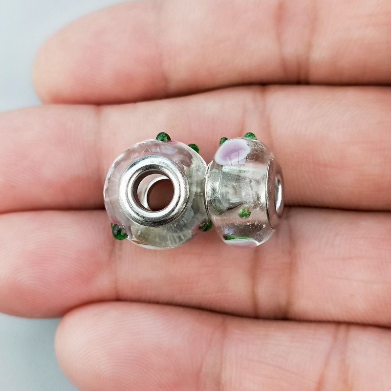 Perlina foro largo puntini viola verdi su trasparente 13.5x8.5mm 1pz