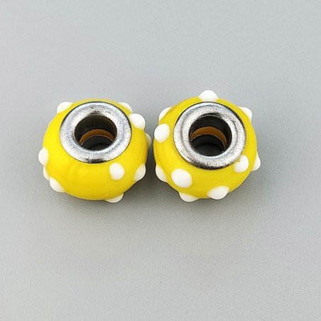 Perlina foro largo puntini bianchi su giallo 13.5x8.5mm 1pz