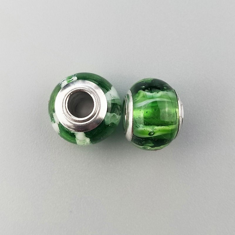 Perlina foro largo acetosella trasparente con stampa bianca e verde 13.5x8.5mm 1pz