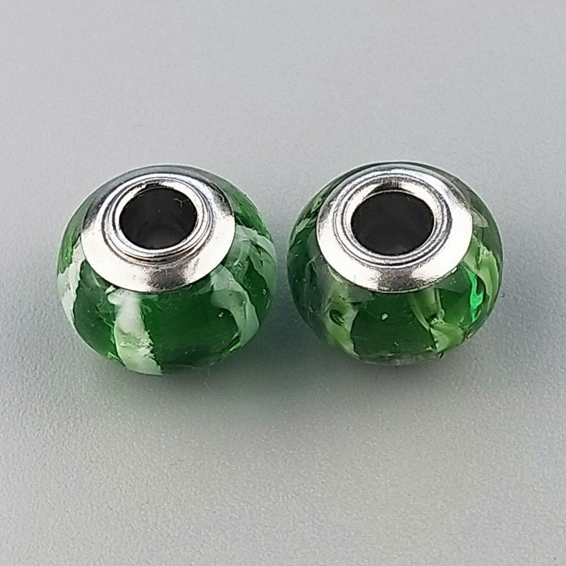 Perlina foro largo acetosella trasparente con stampa bianca e verde 13.5x8.5mm 1pz