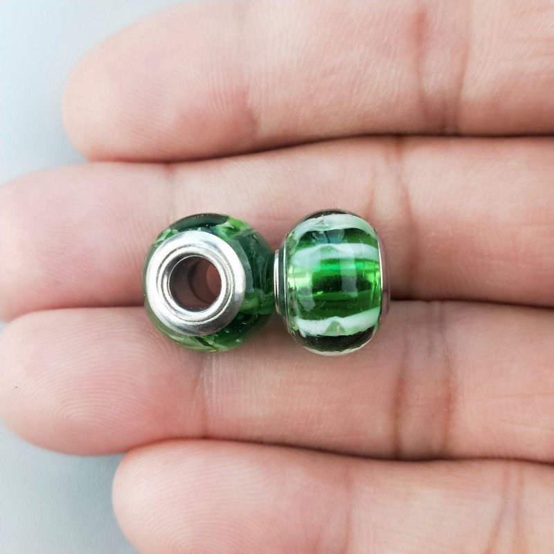 Perlina foro largo acetosella trasparente con stampa bianca e verde 13.5x8.5mm 1pz