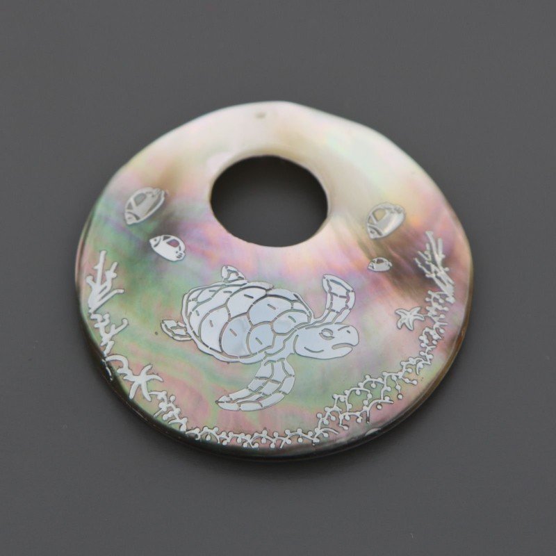 Componente Di Madreperla Tondo 40 mm Tartaruga Marina E Pesci argentati 1pz