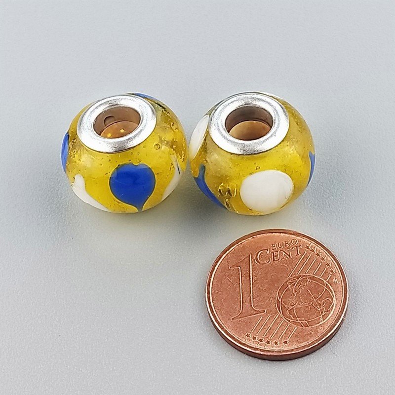 Perlina foro largo giallo trasparente con stampa blu e bianca 13.5x8.5mm 1pz