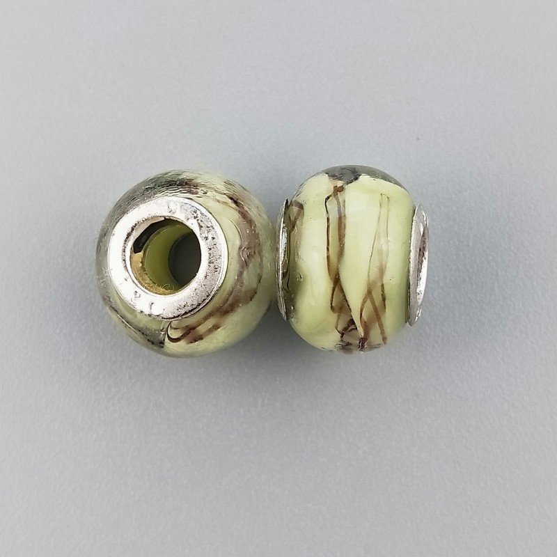 Perlina foro largo colore verde oliva con disegno a fascia marrone 13.5x8.5mm 1pz