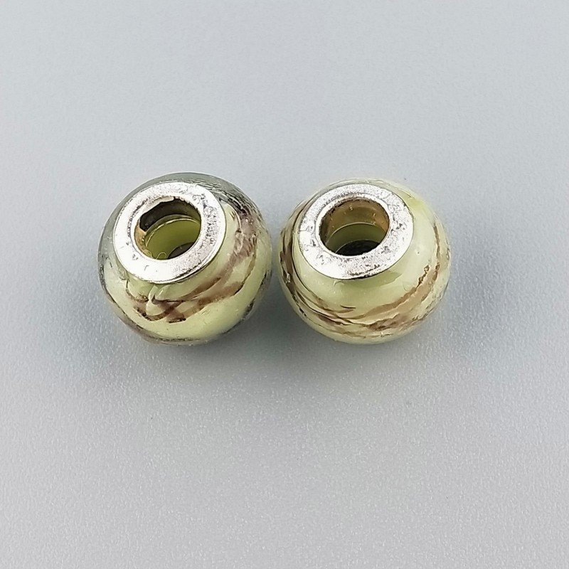 Perlina foro largo colore verde oliva con disegno a fascia marrone 13.5x8.5mm 1pz