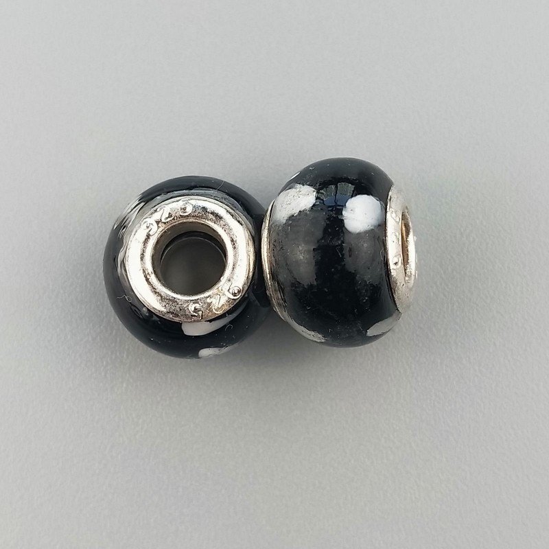 Perlina foro largo nero con macchie bianche 13.5x8.5mm 1pz
